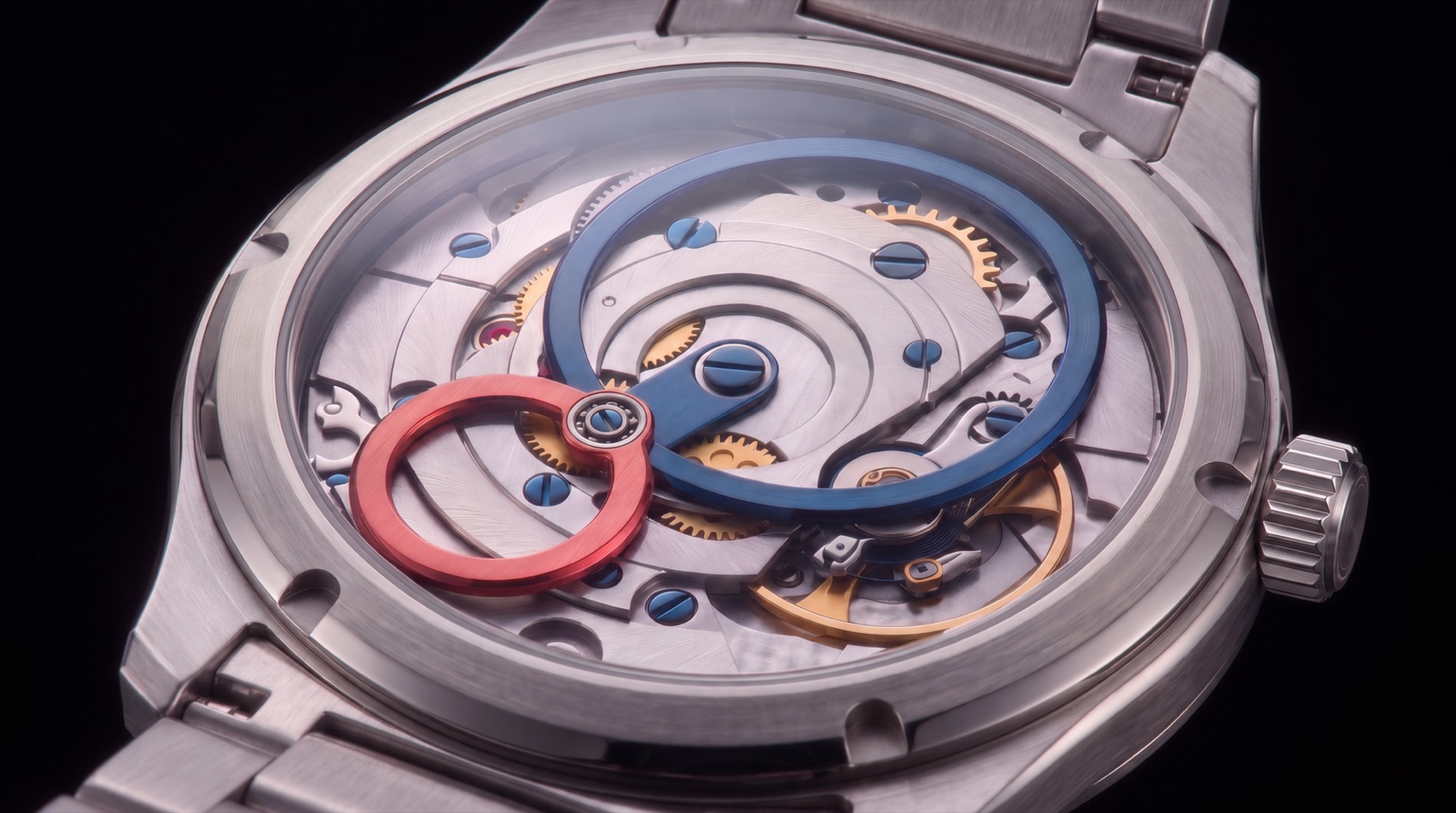 Concept rendering of the Chaotic Rotor on a Swiss automatic calibre inside a steel watch case, seen through the sapphire exhibition caseback
